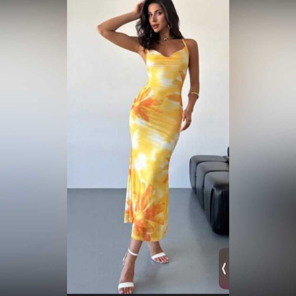 Women's SHEIN Yellow/Orange Maxi Floral Tropical Dress- Medium/ 6